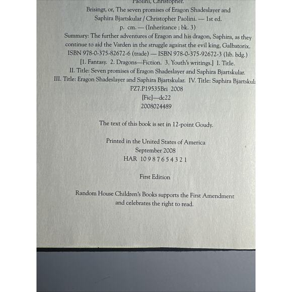 Brisingr 2008 Christopher Paolini FIRST EDITION Hardcover With Dust Jacket - Picture 10 of 10